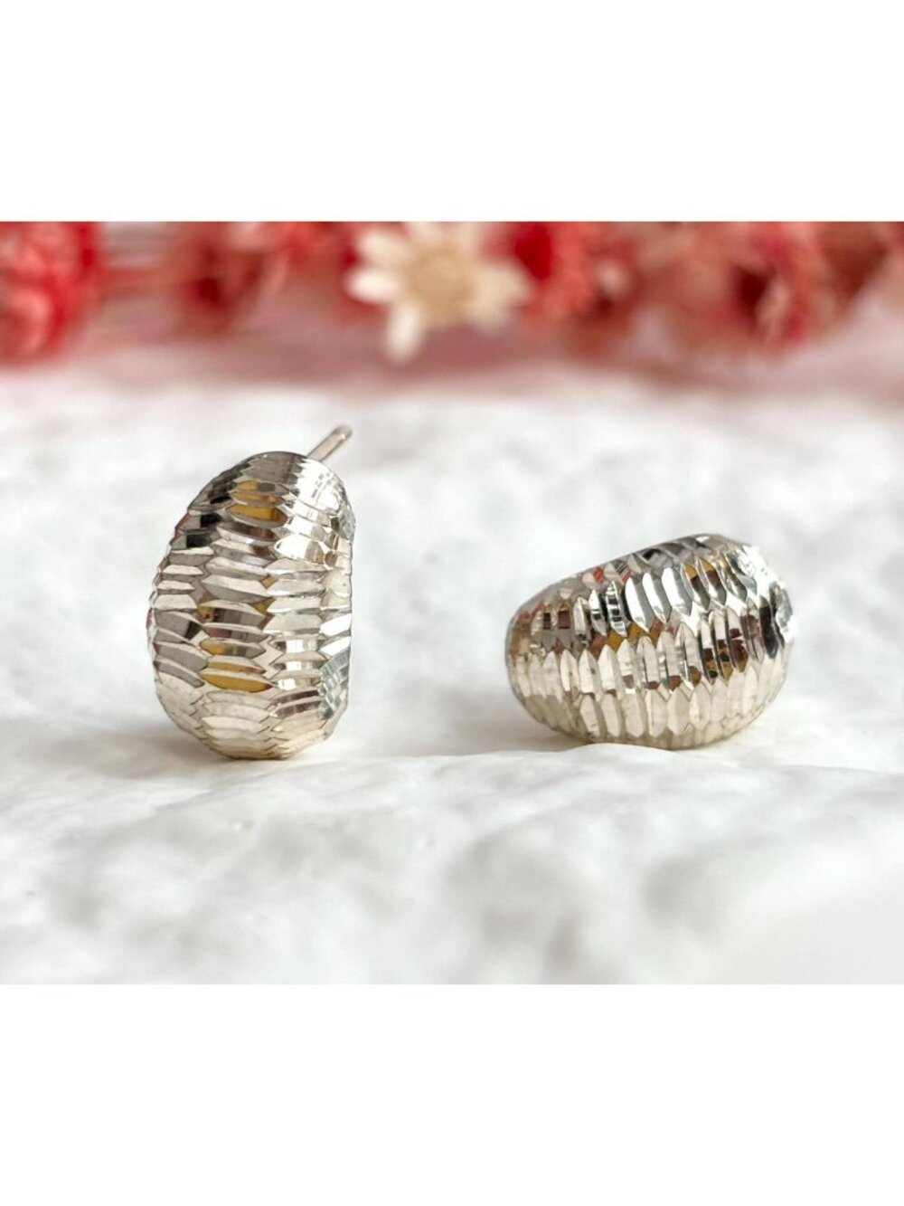 Tiny Domed Carved Fluted Chunky Vintage Sterling Silver 925 Earrings